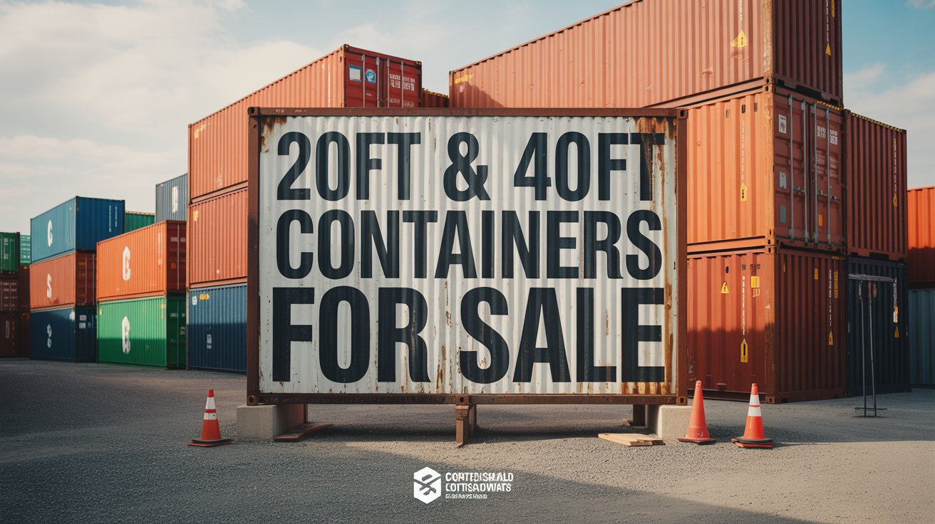 A product shot advertisement for a shipping container dealership featuring a weathered, corrugated metal sign prominently displaying "20ft & 40ft Containers For Sale" in bold, industrial-style lettering against a backdrop of neatly arranged, brightly colored shipping containers. The scene is bathed in warm, diffused sunlight, creating soft shadows and highlighting the textures of the metal and paint, while several containers are stacked artfully to create depth and visual interest. Supporting elements include a gravel ground and strategically placed safety cones, with a subtle logo of the dealership appearing in the bottom corner, conveying a sense of reliability and a straightforward, practical aesthetic that emphasizes affordability and availability. The overall mood is clean, professional, and trustworthy, conveying the message that this is a dependable source for shipping container solutions.