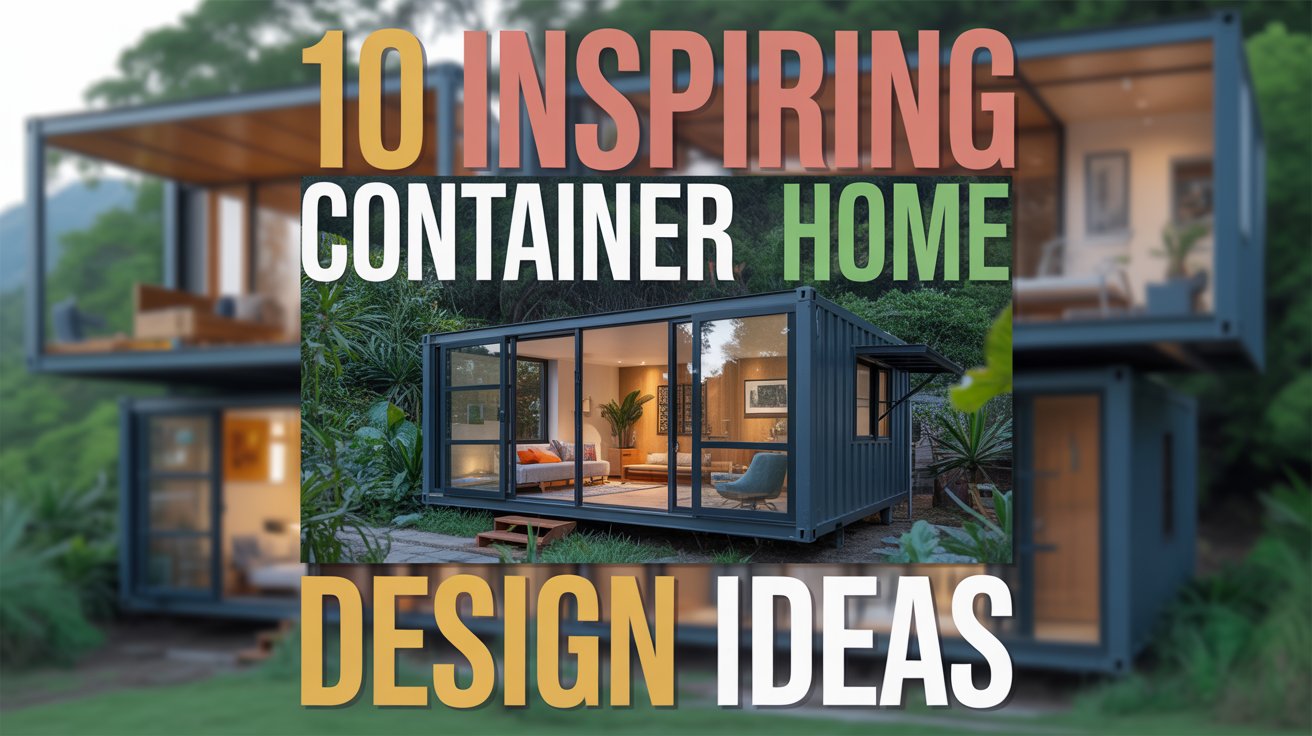 A stylish Pinterest pin showcasing "10 Inspiring Container Home Design Ideas" with a vibrant, eye-catching aesthetic. The central image features a modern container home nestled amidst lush greenery, showcasing a glass-walled living space with sleek, contemporary furniture. Bold, colorful fonts spell out the title across the top, layered over a blurred background of other container home designs, creating depth and visual interest. Warm, natural lighting filters through the glass, highlighting the innovative architectural details and inviting atmosphere of the sustainable home.