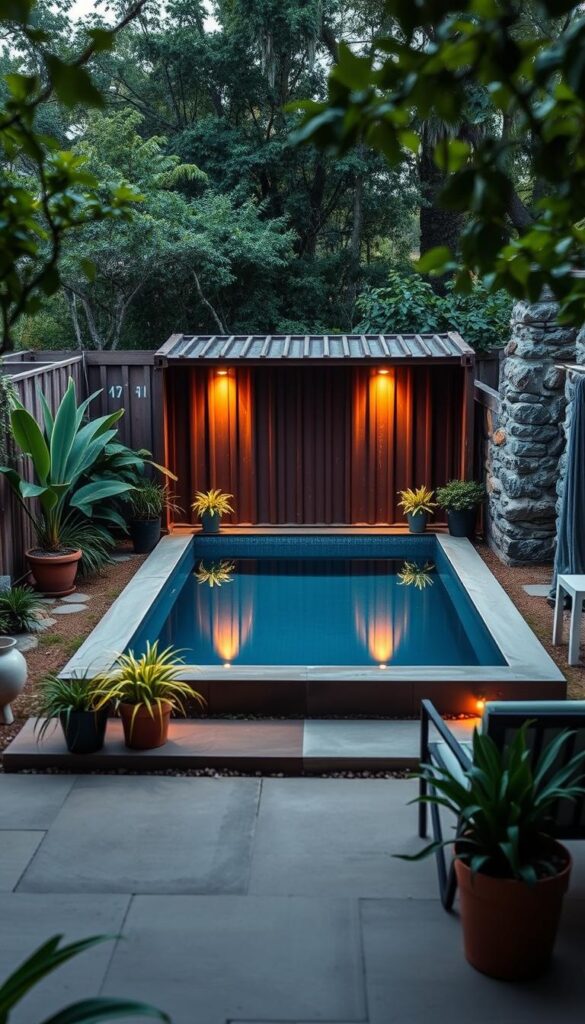 A backyard oasis with a stunning shipping container pool, surrounded by lush greenery and natural elements. The pool is set against a backdrop of weathered wood and stone, creating a rustic, industrial-chic ambiance. Soft, warm lighting casts a gentle glow, accentuating the clean lines and geometric shapes of the container. Potted plants and simple, modern furniture dot the poolside, inviting relaxation and leisure. The entire scene is captured from a low angle, emphasizing the compact yet inviting nature of this small-scale backyard pool setup, perfect for inspiring compact container pool designs. A backyard oasis with a stunning shipping container pool, surrounded by lush greenery and natural elements. The pool is set against a backdrop of weathered wood and stone, creating a rustic, industrial-chic ambiance. Soft, warm lighting casts a gentle glow, accentuating the clean lines and geometric shapes of the container. Potted plants and simple, modern furniture dot the poolside, inviting relaxation and leisure. The entire scene is captured from a low angle, emphasizing the compact yet inviting nature of this small-scale backyard pool setup, perfect for inspiring compact container pool designs.