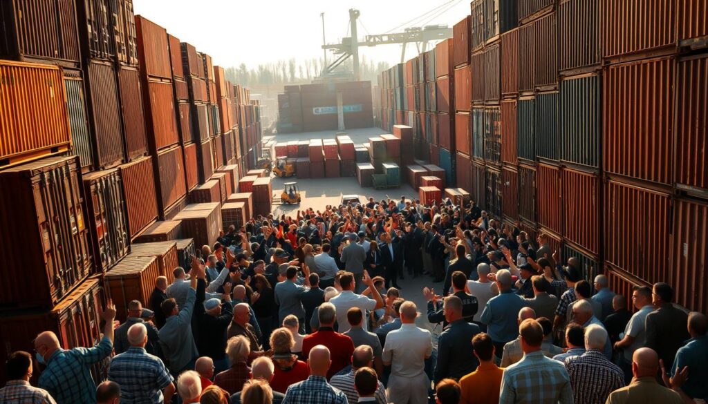 A bustling container auction yard, with rows of weathered steel boxes stacked high, casting long shadows under the warm afternoon sun. In the foreground, a cluster of potential buyers examines the containers, scrutinizing their condition and considering bids. The middle ground features an auctioneer's podium, surrounded by a crowd of bidders, their hands raised in a lively auction. In the background, cranes and forklifts move cargo, creating a sense of dynamic activity. The scene is captured with a wide-angle lens, emphasizing the scale and energy of the auction, while soft, directional lighting adds depth and atmosphere. A bustling container auction yard, with rows of weathered steel boxes stacked high, casting long shadows under the warm afternoon sun. In the foreground, a cluster of potential buyers examines the containers, scrutinizing their condition and considering bids. The middle ground features an auctioneer's podium, surrounded by a crowd of bidders, their hands raised in a lively auction. In the background, cranes and forklifts move cargo, creating a sense of dynamic activity. The scene is captured with a wide-angle lens, emphasizing the scale and energy of the auction, while soft, directional lighting adds depth and atmosphere.