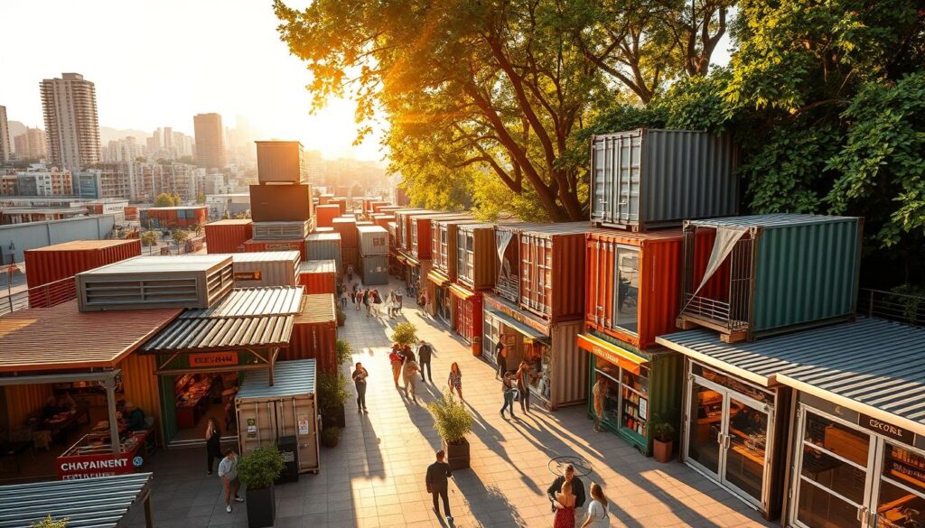 A bustling outdoor container retail market, with an array of uniquely converted shipping containers housing diverse shops and eateries. Warm, natural sunlight filters through the containers, casting dynamic shadows. The layout is organized with walkways winding between the structures, allowing visitors to explore. The containers feature a mix of modern and industrial design elements, seamlessly blending functionality and style. In the background, a cityscape or lush greenery provides a complementary backdrop, hinting at the integration of this container retail hub within the larger urban or natural environment.