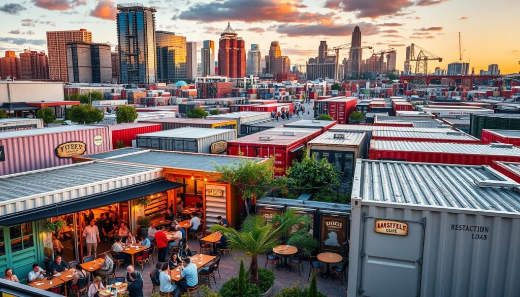 A bustling shipping container restaurant hub, nestled in an urban setting. In the foreground, a vibrant open-air dining area with customers enjoying their meals, surrounded by repurposed shipping containers meticulously transformed into cozy eateries. The middle ground features an assortment of container structures, each uniquely designed and adorned with signage, greenery, and creative exterior details. In the background, a cityscape of modern high-rises and industrial landscapes provides a dynamic backdrop, bathed in warm, golden-hour lighting. The overall scene exudes a trendy, sustainable, and lively atmosphere, showcasing the creativity and innovation of the shipping container restaurant concept. A bustling shipping container restaurant hub, nestled in an urban setting. In the foreground, a vibrant open-air dining area with customers enjoying their meals, surrounded by repurposed shipping containers meticulously transformed into cozy eateries. The middle ground features an assortment of container structures, each uniquely designed and adorned with signage, greenery, and creative exterior details. In the background, a cityscape of modern high-rises and industrial landscapes provides a dynamic backdrop, bathed in warm, golden-hour lighting. The overall scene exudes a trendy, sustainable, and lively atmosphere, showcasing the creativity and innovation of the shipping container restaurant concept.