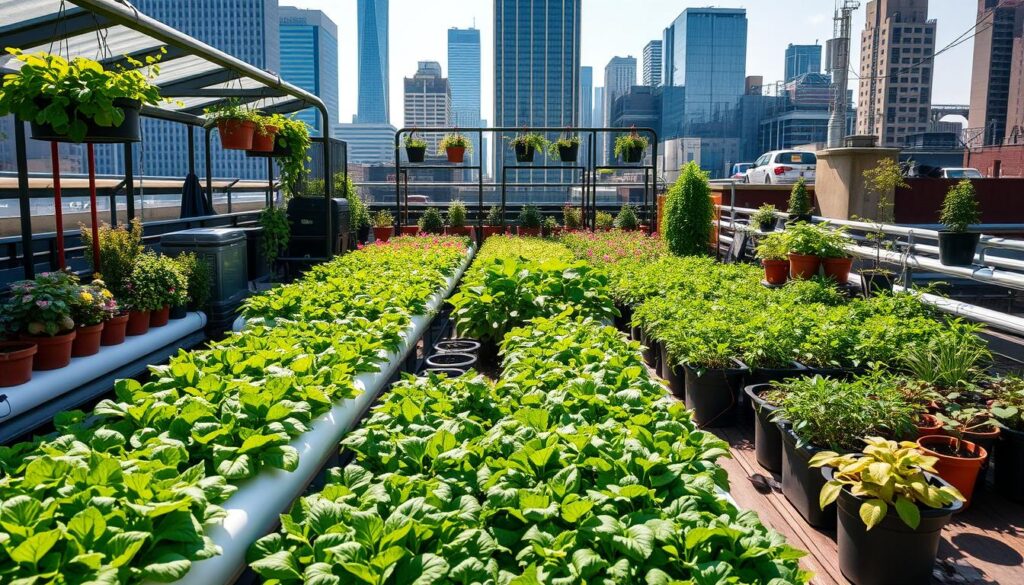 A bustling urban rooftop, lush with thriving container gardens. In the foreground, rows of verdant leafy greens and vibrant vegetables spill out of sleek hydroponic systems, basking in the warm, natural light from overhead skylights. The middle ground reveals a diverse array of potted plants and hanging baskets, creating a verdant, multi-tiered oasis amidst the cityscape. In the background, the towering silhouettes of skyscrapers and industrial buildings frame the scene, emphasizing the contrast between the natural and the manmade. The overall atmosphere is one of productive tranquility, with a sense of achievement and community in this self-sustaining urban farming haven. A bustling urban rooftop, lush with thriving container gardens. In the foreground, rows of verdant leafy greens and vibrant vegetables spill out of sleek hydroponic systems, basking in the warm, natural light from overhead skylights. The middle ground reveals a diverse array of potted plants and hanging baskets, creating a verdant, multi-tiered oasis amidst the cityscape. In the background, the towering silhouettes of skyscrapers and industrial buildings frame the scene, emphasizing the contrast between the natural and the manmade. The overall atmosphere is one of productive tranquility, with a sense of achievement and community in this self-sustaining urban farming haven.