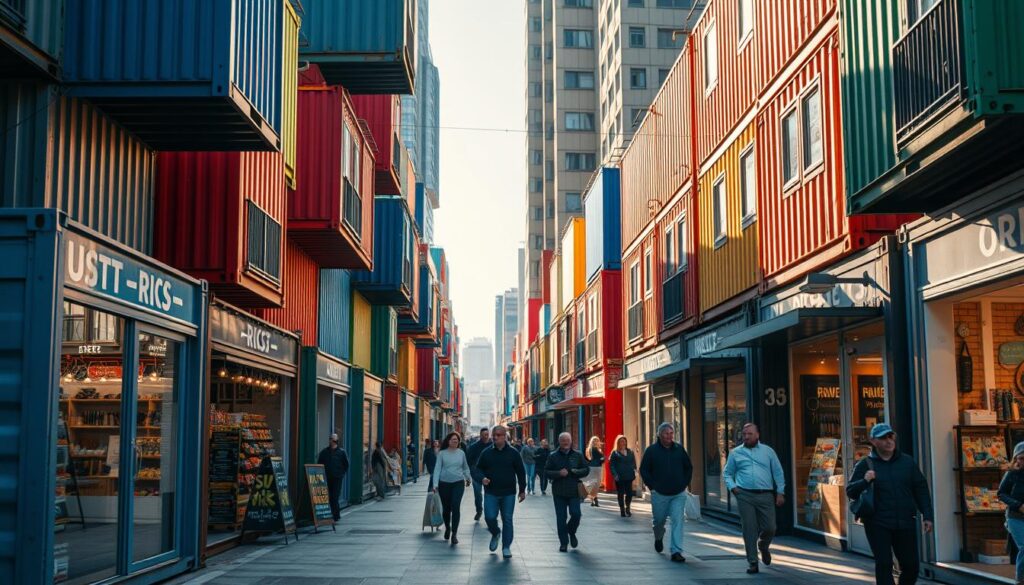 A bustling urban street, with sleek, repurposed shipping containers housing a vibrant collection of independent retail stores. The containers are arranged in a visually striking pattern, their vibrant colors and distinct architectural styles creating a dynamic and visually engaging scene. Sunlight filters through the gaps between the containers, casting warm, soft shadows across the scene. Pedestrians stroll along the sidewalk, window-shopping and interacting with the various merchants. The overall atmosphere is one of creativity, entrepreneurship, and a sense of community. A bustling urban street, with sleek, repurposed shipping containers housing a vibrant collection of independent retail stores. The containers are arranged in a visually striking pattern, their vibrant colors and distinct architectural styles creating a dynamic and visually engaging scene. Sunlight filters through the gaps between the containers, casting warm, soft shadows across the scene. Pedestrians stroll along the sidewalk, window-shopping and interacting with the various merchants. The overall atmosphere is one of creativity, entrepreneurship, and a sense of community.