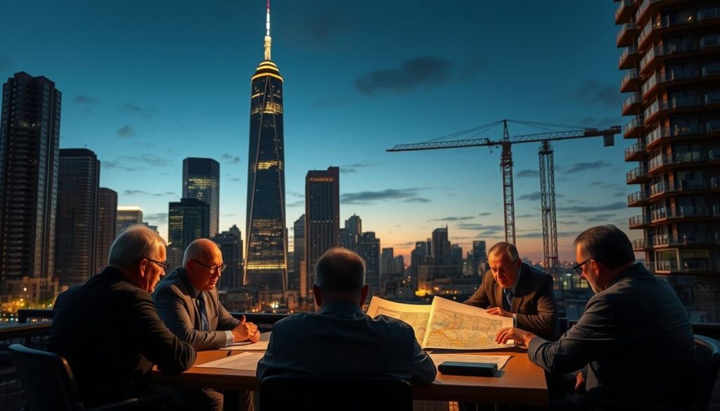 A city skyline at dusk, with towering skyscrapers and residential buildings. In the foreground, a group of government officials and urban planners gather around a table, poring over architectural plans and zoning maps. The atmosphere is tense, with furrowed brows and gesturing hands, as they navigate the complex web of regulations and bureaucratic hurdles that stand in the way of innovative housing solutions. Warm lighting casts long shadows, highlighting the gravity of the situation. In the background, a crane stands motionless, a symbol of the stalled progress. The scene conveys the regulatory challenges and zoning issues that cast a shadow over the rise of container homes as a potential long-term solution. A city skyline at dusk, with towering skyscrapers and residential buildings. In the foreground, a group of government officials and urban planners gather around a table, poring over architectural plans and zoning maps. The atmosphere is tense, with furrowed brows and gesturing hands, as they navigate the complex web of regulations and bureaucratic hurdles that stand in the way of innovative housing solutions. Warm lighting casts long shadows, highlighting the gravity of the situation. In the background, a crane stands motionless, a symbol of the stalled progress. The scene conveys the regulatory challenges and zoning issues that cast a shadow over the rise of container homes as a potential long-term solution.