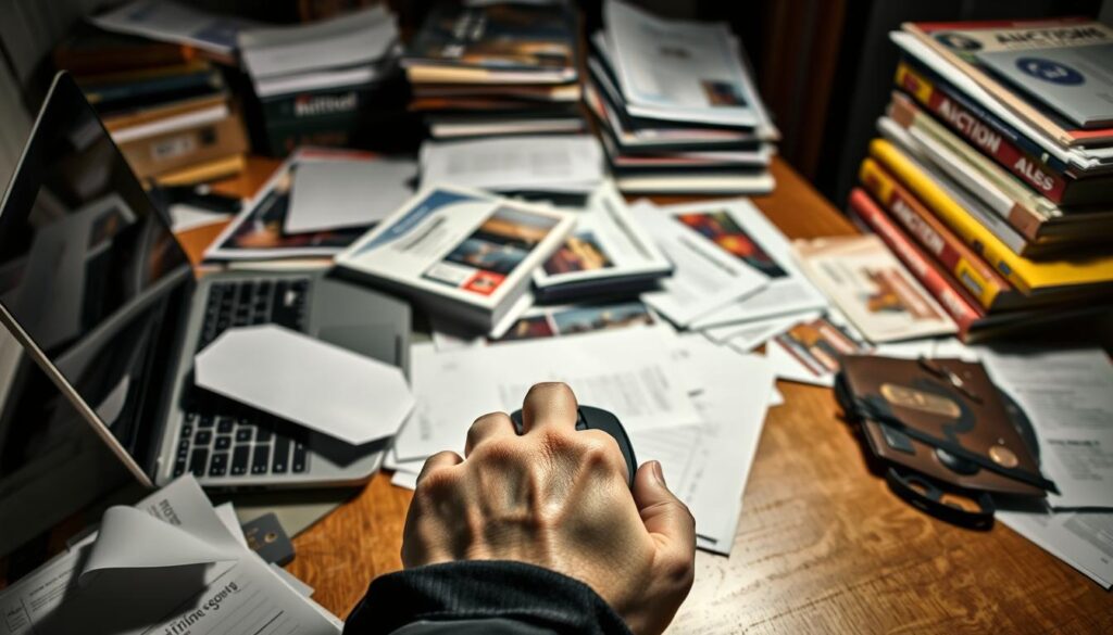 A cluttered desk with a laptop, scattered paperwork, and a stack of shipping container auction catalogs. The lighting is harsh, casting harsh shadows across the disorganized scene. In the foreground, a hand hovers over a mouse, about to click on a bid button, hesitating. The background is blurred, hinting at the larger context of an online auction platform. The overall mood is one of anxiety and indecision, capturing the common mistakes people make when rushing into shipping container bids without proper research and planning. A cluttered desk with a laptop, scattered paperwork, and a stack of shipping container auction catalogs. The lighting is harsh, casting harsh shadows across the disorganized scene. In the foreground, a hand hovers over a mouse, about to click on a bid button, hesitating. The background is blurred, hinting at the larger context of an online auction platform. The overall mood is one of anxiety and indecision, capturing the common mistakes people make when rushing into shipping container bids without proper research and planning.