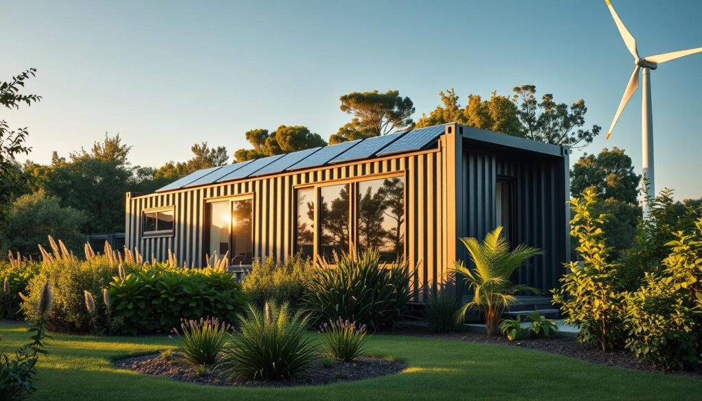 A contemporary container home nestled amidst lush greenery, its sleek, minimalist exterior bathed in warm, golden sunlight. The building's walls are adorned with solar panels, capturing renewable energy to power the dwelling. In the foreground, a neatly landscaped garden showcases water-efficient plants, while the background reveals an energy-efficient wind turbine gently spinning, harnessing the natural breeze. The overall scene conveys a harmonious fusion of sustainable design and environmental sensitivity, exemplifying the principles of eco-friendly living in container architecture. A contemporary container home nestled amidst lush greenery, its sleek, minimalist exterior bathed in warm, golden sunlight. The building's walls are adorned with solar panels, capturing renewable energy to power the dwelling. In the foreground, a neatly landscaped garden showcases water-efficient plants, while the background reveals an energy-efficient wind turbine gently spinning, harnessing the natural breeze. The overall scene conveys a harmonious fusion of sustainable design and environmental sensitivity, exemplifying the principles of eco-friendly living in container architecture.