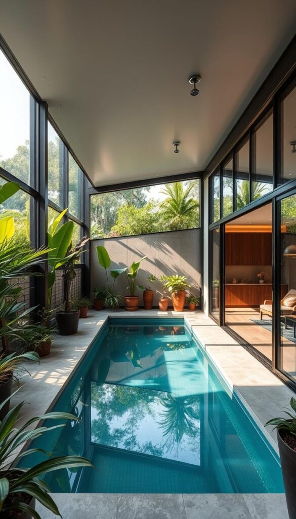 A cozy indoor-outdoor oasis with a container pool, nestled in a harmonious blend of natural and industrial elements. The pool's glass walls seamlessly transition from the interior space to the lush outdoor landscape, creating a sense of boundless flow. Soft, diffused lighting from strategically placed fixtures casts a warm, inviting glow, while the polished concrete floors and metal accents lend an urban sophistication. Potted plants and verdant foliage frame the scene, bringing the outdoors in and blurring the lines between the two realms. The pool's clean, minimalist design is the centerpiece, its reflective surface mirroring the surrounding architecture and creating a captivating visual interplay. A cozy indoor-outdoor oasis with a container pool, nestled in a harmonious blend of natural and industrial elements. The pool's glass walls seamlessly transition from the interior space to the lush outdoor landscape, creating a sense of boundless flow. Soft, diffused lighting from strategically placed fixtures casts a warm, inviting glow, while the polished concrete floors and metal accents lend an urban sophistication. Potted plants and verdant foliage frame the scene, bringing the outdoors in and blurring the lines between the two realms. The pool's clean, minimalist design is the centerpiece, its reflective surface mirroring the surrounding architecture and creating a captivating visual interplay.