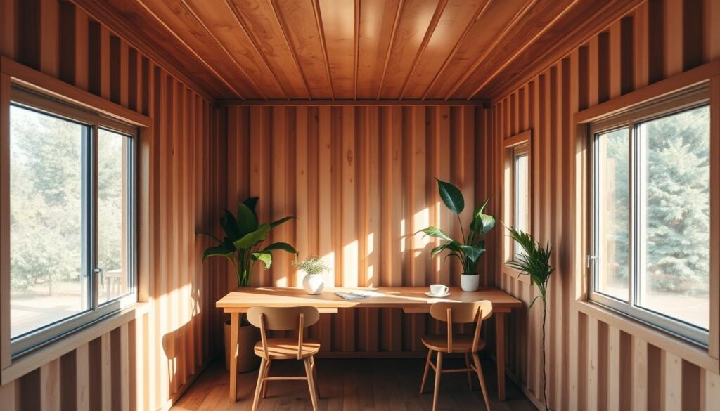 A cozy, sun-drenched shipping container home office, its walls insulated with warm, earthy tones. The interior is bathed in soft, natural light filtering through large windows, creating a serene, meditative ambiance. Minimalist wooden desks and chairs are strategically placed, allowing for ample workspace and contemplation. Lush, verdant plants add pops of vibrant greenery, complementing the rustic, industrial aesthetic. The space exudes a sense of calm productivity, a harmonious blend of form and function, inviting the occupant to focus and thrive in this tranquil, custom-tailored oasis.