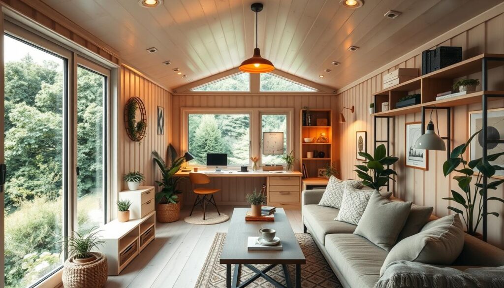 A cozy, well-lit container home interior with an open, creative workspace. A large, panoramic window offers a scenic view of lush greenery outside. Warm, ambient lighting casts a golden glow, complementing the minimalist, Scandinavian-inspired decor. Clean, light-colored wood floors and walls create a sense of airiness, while strategically placed shelves, desks, and storage solutions maximize the limited square footage. Plants and natural accents add pops of greenery, while plush, neutral-toned furnishings invite relaxation and productivity. A mix of task lighting, pendant lights, and natural sunlight illuminate the space, creating a harmonious balance between form and function. A cozy, well-lit container home interior with an open, creative workspace. A large, panoramic window offers a scenic view of lush greenery outside. Warm, ambient lighting casts a golden glow, complementing the minimalist, Scandinavian-inspired decor. Clean, light-colored wood floors and walls create a sense of airiness, while strategically placed shelves, desks, and storage solutions maximize the limited square footage. Plants and natural accents add pops of greenery, while plush, neutral-toned furnishings invite relaxation and productivity. A mix of task lighting, pendant lights, and natural sunlight illuminate the space, creating a harmonious balance between form and function.