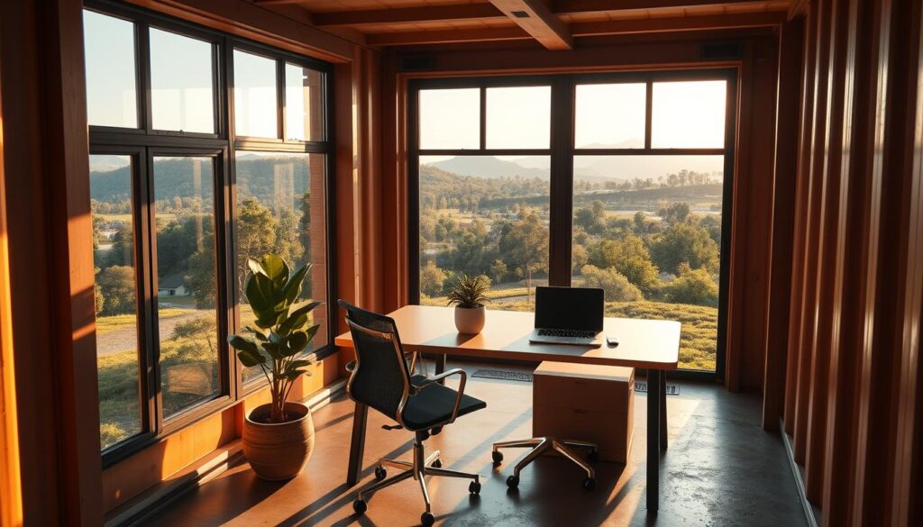 A cozy, well-lit shipping container home office with warm, natural lighting filtering through large windows. The interior features a minimalist, modern desk setup with a laptop, a potted plant, and a sleek office chair. The space is accented with industrial-chic elements like exposed metal beams and concrete floors, creating a harmonious blend of rustic and contemporary aesthetics. In the background, lush greenery and a picturesque landscape are visible through the panoramic windows, evoking a sense of serene productivity. The overall atmosphere is one of focus, creativity, and connection with the outdoors. A cozy, well-lit shipping container home office with warm, natural lighting filtering through large windows. The interior features a minimalist, modern desk setup with a laptop, a potted plant, and a sleek office chair. The space is accented with industrial-chic elements like exposed metal beams and concrete floors, creating a harmonious blend of rustic and contemporary aesthetics. In the background, lush greenery and a picturesque landscape are visible through the panoramic windows, evoking a sense of serene productivity. The overall atmosphere is one of focus, creativity, and connection with the outdoors.