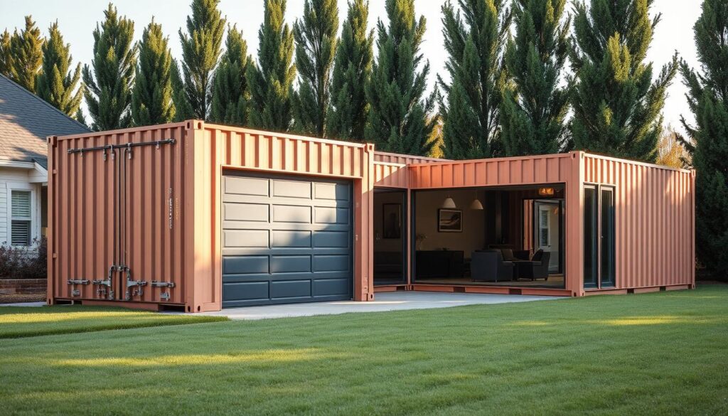 A custom-built garage extension constructed from repurposed shipping containers, situated in a well-lit suburban setting. The containers are arranged in an L-shape, with one end featuring a large, overhead garage door for vehicle access. The containers are painted in a warm, earthy tone, complementing the surrounding architecture. The garage is adorned with sleek, modern hardware and fixtures, creating a harmonious blend of industrial and residential elements. Tall, slender windows line the sides, allowing natural light to flood the interior. The foreground showcases a neatly manicured lawn, while the background features a row of mature trees, providing a sense of privacy and tranquility. A custom-built garage extension constructed from repurposed shipping containers, situated in a well-lit suburban setting. The containers are arranged in an L-shape, with one end featuring a large, overhead garage door for vehicle access. The containers are painted in a warm, earthy tone, complementing the surrounding architecture. The garage is adorned with sleek, modern hardware and fixtures, creating a harmonious blend of industrial and residential elements. Tall, slender windows line the sides, allowing natural light to flood the interior. The foreground showcases a neatly manicured lawn, while the background features a row of mature trees, providing a sense of privacy and tranquility.