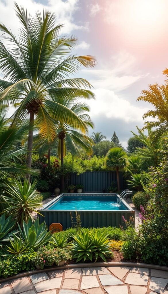 A lush, verdant oasis surrounds a serene, sun-dappled container pool. Towering palm trees sway gently in the breeze, their fronds casting dappled shadows across the glistening water. In the foreground, a curated arrangement of native flora - vibrant succulents, trailing vines, and fragrant flowering shrubs - softens the industrial edges of the repurposed shipping container. The mid-ground features a well-manicured stone pathway, inviting visitors to meander through the thoughtfully designed landscape. Overhead, a warm, golden light filters through wispy clouds, creating a tranquil, naturalistic ambiance. The entire scene exudes a sense of harmony and integration, where the man-made and the natural coexist in perfect balance. A lush, verdant oasis surrounds a serene, sun-dappled container pool. Towering palm trees sway gently in the breeze, their fronds casting dappled shadows across the glistening water. In the foreground, a curated arrangement of native flora - vibrant succulents, trailing vines, and fragrant flowering shrubs - softens the industrial edges of the repurposed shipping container. The mid-ground features a well-manicured stone pathway, inviting visitors to meander through the thoughtfully designed landscape. Overhead, a warm, golden light filters through wispy clouds, creating a tranquil, naturalistic ambiance. The entire scene exudes a sense of harmony and integration, where the man-made and the natural coexist in perfect balance.