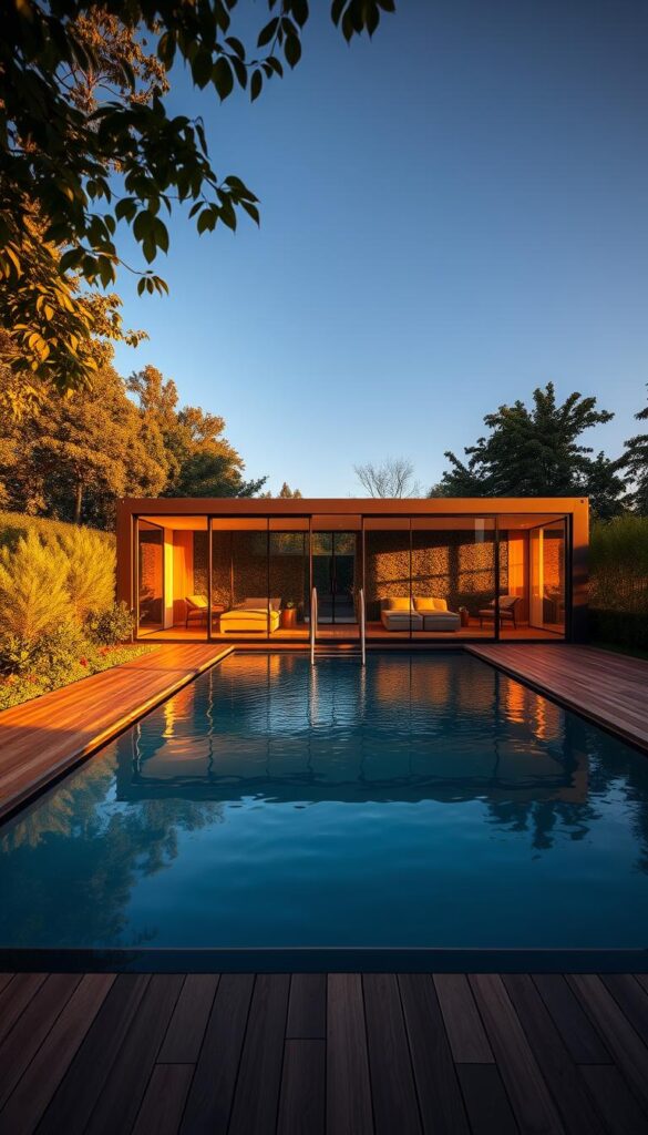 A luxurious container pool with expansive glass walls, set in a serene, tranquil landscape. The pool's sleek, modern design features clean lines and a minimalist aesthetic. Sunlight streams through the glass, casting a warm, golden glow across the water's surface. Lush, manicured foliage surrounds the pool, creating a sense of privacy and exclusivity. The pool is framed by a deck made of rich, natural wood, offering ample space for lounging and entertaining. Soft, diffused lighting illuminates the scene, creating a cozy and inviting atmosphere. The overall impression is one of sophisticated elegance and relaxation, perfectly capturing the essence of a luxury container pool design. A luxurious container pool with expansive glass walls, set in a serene, tranquil landscape. The pool's sleek, modern design features clean lines and a minimalist aesthetic. Sunlight streams through the glass, casting a warm, golden glow across the water's surface. Lush, manicured foliage surrounds the pool, creating a sense of privacy and exclusivity. The pool is framed by a deck made of rich, natural wood, offering ample space for lounging and entertaining. Soft, diffused lighting illuminates the scene, creating a cozy and inviting atmosphere. The overall impression is one of sophisticated elegance and relaxation, perfectly capturing the essence of a luxury container pool design.