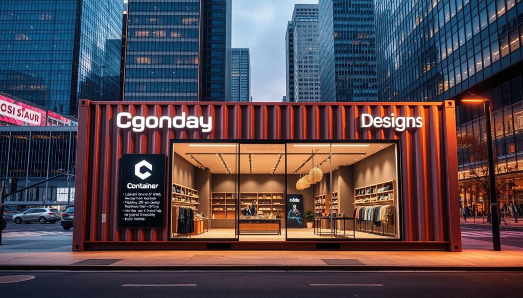 A modern container retail design, showcasing a sleek and visually striking storefront. In the foreground, a large shipping container has been expertly repurposed, its metallic exterior painted in a vibrant, eye-catching color. Intricately designed signage and branding elements adorn the facade, creating a cohesive and professional appearance. The middle ground features an open, inviting entryway, with a minimalist yet stylish interior visible through large glass windows. Carefully curated displays and merchandise are arranged to maximize visual appeal and draw in potential customers. The background setting depicts a bustling urban environment, with towering skyscrapers and a vibrant street scene providing a dynamic, contemporary backdrop. Warm, directional lighting casts subtle shadows, accentuating the container's sharp lines and creating an atmosphere of modern sophistication. A modern container retail design, showcasing a sleek and visually striking storefront. In the foreground, a large shipping container has been expertly repurposed, its metallic exterior painted in a vibrant, eye-catching color. Intricately designed signage and branding elements adorn the facade, creating a cohesive and professional appearance. The middle ground features an open, inviting entryway, with a minimalist yet stylish interior visible through large glass windows. Carefully curated displays and merchandise are arranged to maximize visual appeal and draw in potential customers. The background setting depicts a bustling urban environment, with towering skyscrapers and a vibrant street scene providing a dynamic, contemporary backdrop. Warm, directional lighting casts subtle shadows, accentuating the container's sharp lines and creating an atmosphere of modern sophistication.