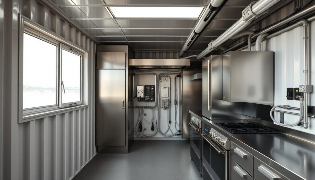 A modern, minimalist container kitchen interior with sleek, stainless steel appliances, ample electrical outlets, and streamlined wiring. The open layout showcases the technical infrastructure, with exposed conduits and a clean, efficient electrical panel. Bright, natural lighting from large windows illuminates the space, creating a professional, commercial ambiance. The scene conveys a sense of organization and functionality, highlighting the practical, plug-and-play electrical setup required for a mobile, self-contained cooking space. A modern, minimalist container kitchen interior with sleek, stainless steel appliances, ample electrical outlets, and streamlined wiring. The open layout showcases the technical infrastructure, with exposed conduits and a clean, efficient electrical panel. Bright, natural lighting from large windows illuminates the space, creating a professional, commercial ambiance. The scene conveys a sense of organization and functionality, highlighting the practical, plug-and-play electrical setup required for a mobile, self-contained cooking space.