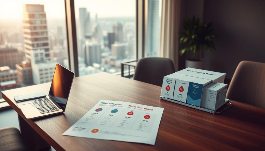 A modern, minimalist office interior with a large window overlooking a cityscape. On a sleek wooden desk, a laptop and several documents are arranged, showcasing various pricing plans and strategies for an Airbnb container rental. The lighting is soft and warm, creating a professional yet inviting atmosphere. In the foreground, a well-designed infographic presents a comparison of different rental pricing tiers, featuring icons and data visualizations. The middle ground features a 3D model of a modern, modular container home, highlighting its unique design features. The background depicts a bustling urban landscape, hinting at the potential for high-demand Airbnb rentals in metropolitan areas. A modern, minimalist office interior with a large window overlooking a cityscape. On a sleek wooden desk, a laptop and several documents are arranged, showcasing various pricing plans and strategies for an Airbnb container rental. The lighting is soft and warm, creating a professional yet inviting atmosphere. In the foreground, a well-designed infographic presents a comparison of different rental pricing tiers, featuring icons and data visualizations. The middle ground features a 3D model of a modern, modular container home, highlighting its unique design features. The background depicts a bustling urban landscape, hinting at the potential for high-demand Airbnb rentals in metropolitan areas.