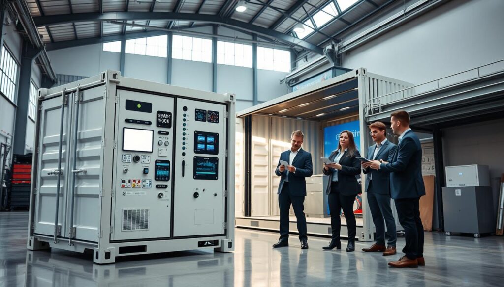 A modern, well-lit interior space showcasing innovative smart container technologies. In the foreground, a sleek, minimalist container unit with integrated sensors, displays, and automation systems. The middle ground features a group of engineers in professional attire, examining the container's features with tablets and discussing potential applications. The background depicts an industrial warehouse setting with high ceilings, large windows, and clean, contemporary architecture, conveying a sense of technological sophistication and forward-thinking design. The overall scene exudes a mood of efficiency, connectivity, and the future of sustainable, modular construction solutions. A modern, well-lit interior space showcasing innovative smart container technologies. In the foreground, a sleek, minimalist container unit with integrated sensors, displays, and automation systems. The middle ground features a group of engineers in professional attire, examining the container's features with tablets and discussing potential applications. The background depicts an industrial warehouse setting with high ceilings, large windows, and clean, contemporary architecture, conveying a sense of technological sophistication and forward-thinking design. The overall scene exudes a mood of efficiency, connectivity, and the future of sustainable, modular construction solutions.