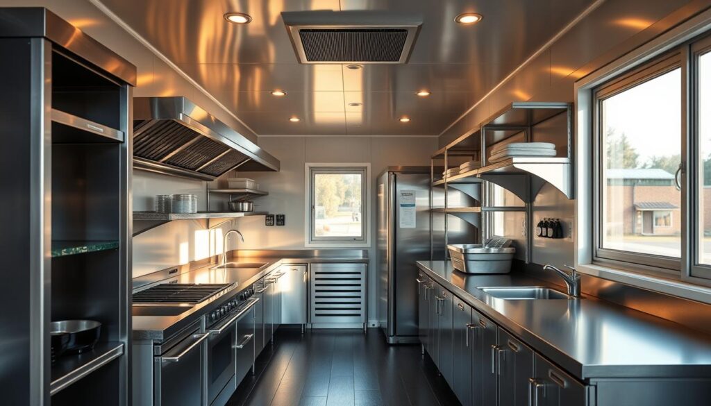 A modern, well-organized container kitchen featuring sleek stainless steel appliances, ample storage space, and a clean, minimalist design. The kitchen is bathed in warm, natural lighting from large windows, casting a cozy ambiance. Sturdy, mobile prep stations and shelving units line the perimeter, allowing for efficient workflow and easy reconfiguration. Discreet ventilation systems and sanitization equipment are seamlessly integrated, ensuring compliance with health regulations. The overall atmosphere conveys professionalism, functionality, and a commitment to food safety - essential elements for a successful mobile food operation. A modern, well-organized container kitchen featuring sleek stainless steel appliances, ample storage space, and a clean, minimalist design. The kitchen is bathed in warm, natural lighting from large windows, casting a cozy ambiance. Sturdy, mobile prep stations and shelving units line the perimeter, allowing for efficient workflow and easy reconfiguration. Discreet ventilation systems and sanitization equipment are seamlessly integrated, ensuring compliance with health regulations. The overall atmosphere conveys professionalism, functionality, and a commitment to food safety - essential elements for a successful mobile food operation.