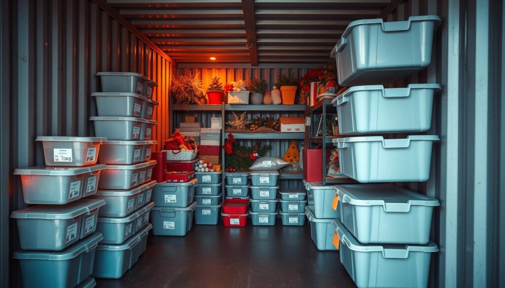 A neatly organized shipping container, its interior meticulously arranged. Stacks of labeled plastic bins and shelves, each containing seasonal decorations and holiday items. Soft, warm lighting illuminates the space, casting a cozy glow. The container's metal walls create a sleek, industrial backdrop, complemented by the orderly placement of the stored goods. The scene conveys a sense of efficiency and thoughtful preparation, ready to transform a living space for any upcoming celebration. A neatly organized shipping container, its interior meticulously arranged. Stacks of labeled plastic bins and shelves, each containing seasonal decorations and holiday items. Soft, warm lighting illuminates the space, casting a cozy glow. The container's metal walls create a sleek, industrial backdrop, complemented by the orderly placement of the stored goods. The scene conveys a sense of efficiency and thoughtful preparation, ready to transform a living space for any upcoming celebration.