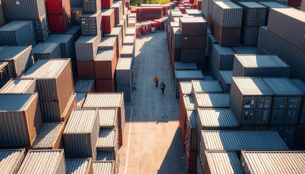 A neatly organized shipping container storage yard, bathed in warm afternoon sunlight. In the foreground, stacks of containers in varying shades of steel grey, their corners precisely aligned. Through the middle ground, a narrow path winds between the orderly rows, allowing easy access. In the background, a few workers move about, attending to their tasks. The scene conveys a sense of efficiency and functionality, with the containers standing as modular, versatile units ready to be deployed as needed. A neatly organized shipping container storage yard, bathed in warm afternoon sunlight. In the foreground, stacks of containers in varying shades of steel grey, their corners precisely aligned. Through the middle ground, a narrow path winds between the orderly rows, allowing easy access. In the background, a few workers move about, attending to their tasks. The scene conveys a sense of efficiency and functionality, with the containers standing as modular, versatile units ready to be deployed as needed.