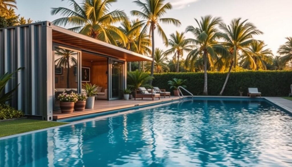 A repurposed shipping container pool house nestled in a lush, verdant garden. In the foreground, the container's sleek, metallic exterior is accented by warm, natural wood elements, creating a striking contrast. The middle ground features a inviting lounge area with comfortable seating, surrounded by potted plants and string lights, evoking a cozy, outdoor living space. In the background, a shimmering pool reflects the tranquil sky, framed by tall, swaying palm trees. The scene is bathed in soft, golden afternoon light, casting gentle shadows and highlighting the interplay of textures and materials. An oasis of relaxation and entertainment, blending industrial chic with natural beauty.