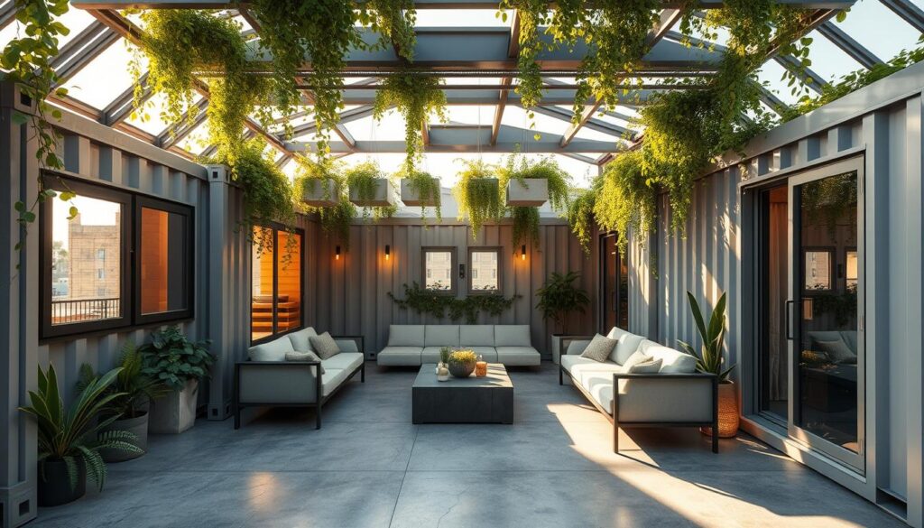 A rooftop garden or entertainment area constructed using repurposed shipping containers, with lush greenery, modern minimalist furniture, and ambient lighting. The containers are renovated with large windows, skylights, and weatherproofing, creating a cozy and sustainable living space. Beams of natural light filter through, casting warm shadows on the polished concrete floors. Hanging plants and vines cascade from the container walls, blending the indoor and outdoor spaces. A sleek, modular seating arrangement invites guests to relax and enjoy the unique, eco-friendly environment. The overall scene exudes a sense of tranquility and environmental consciousness, showcasing the versatility of repurposed shipping containers. A rooftop garden or entertainment area constructed using repurposed shipping containers, with lush greenery, modern minimalist furniture, and ambient lighting. The containers are renovated with large windows, skylights, and weatherproofing, creating a cozy and sustainable living space. Beams of natural light filter through, casting warm shadows on the polished concrete floors. Hanging plants and vines cascade from the container walls, blending the indoor and outdoor spaces. A sleek, modular seating arrangement invites guests to relax and enjoy the unique, eco-friendly environment. The overall scene exudes a sense of tranquility and environmental consciousness, showcasing the versatility of repurposed shipping containers.