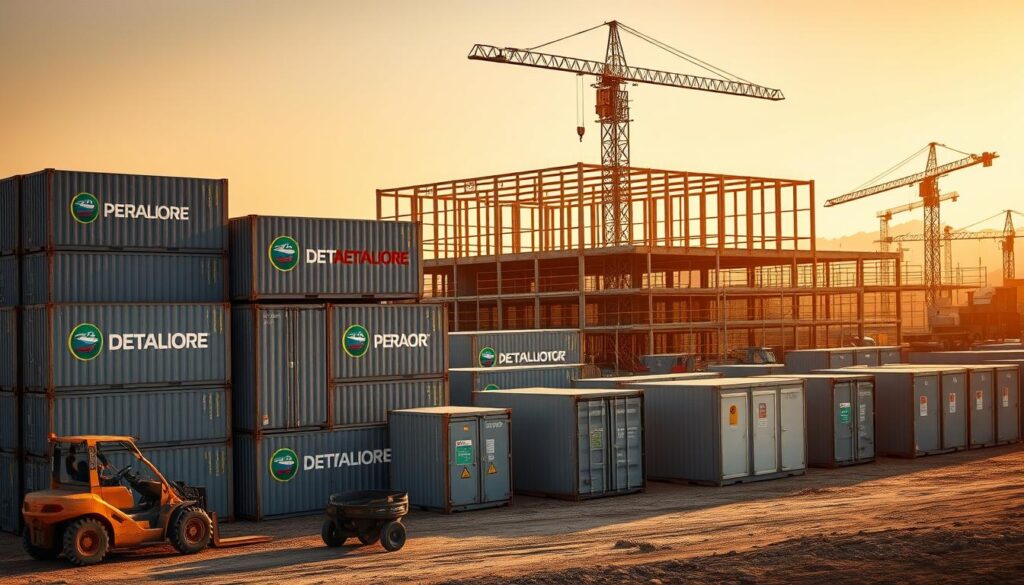 A rugged construction site bathed in warm afternoon light. In the foreground, a collection of sturdy steel shipping containers in various shades of gray, each emblazoned with prominent logos and identification numbers. Forklifts and cranes busily move the containers, stacking them with precision. In the middle ground, a row of compact site offices and portable restrooms constructed from the same repurposed containers, their walls adorned with safety signage. The background features a partially completed building frame, surrounded by scaffolding and construction equipment. The scene conveys a sense of organized efficiency, the containers serving as practical, modular solutions for the temporary needs of the job site. A rugged construction site bathed in warm afternoon light. In the foreground, a collection of sturdy steel shipping containers in various shades of gray, each emblazoned with prominent logos and identification numbers. Forklifts and cranes busily move the containers, stacking them with precision. In the middle ground, a row of compact site offices and portable restrooms constructed from the same repurposed containers, their walls adorned with safety signage. The background features a partially completed building frame, surrounded by scaffolding and construction equipment. The scene conveys a sense of organized efficiency, the containers serving as practical, modular solutions for the temporary needs of the job site.