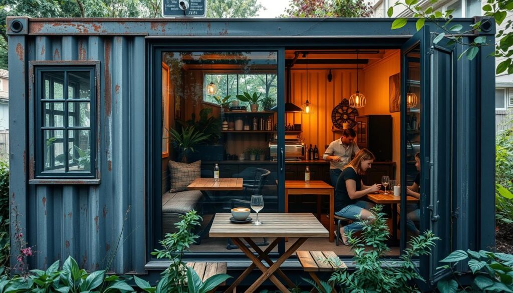 A rustic container café nestled in a lush, urban garden. The exterior features weathered steel panels and large windows, allowing natural light to pour in. Inside, patrons sit at repurposed wooden tables, sipping artisanal coffee while admiring the greenery visible through the large glass walls. Soft, warm lighting creates a cozy ambiance, complemented by the aroma of freshly brewed beverages. The café's baristas move with precision, crafting intricate latte art atop foamy cappuccinos. A sense of sustainable, community-driven charm permeates the space, inviting visitors to linger and soak in the unique, compact café experience. A rustic container café nestled in a lush, urban garden. The exterior features weathered steel panels and large windows, allowing natural light to pour in. Inside, patrons sit at repurposed wooden tables, sipping artisanal coffee while admiring the greenery visible through the large glass walls. Soft, warm lighting creates a cozy ambiance, complemented by the aroma of freshly brewed beverages. The café's baristas move with precision, crafting intricate latte art atop foamy cappuccinos. A sense of sustainable, community-driven charm permeates the space, inviting visitors to linger and soak in the unique, compact café experience.