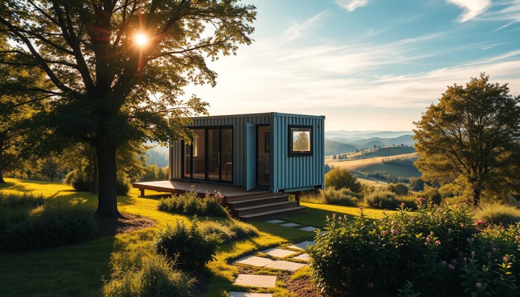A scenic image of a compact, contemporary shipping container home nestled in a lush, verdant landscape. The structure features a minimalist, modern design with clean lines, large windows, and a wooden deck. The container is elevated on a sturdy foundation, blending seamlessly with the natural surroundings. Warm, diffused sunlight filters through the trees, casting a cozy, inviting glow. In the foreground, a well-tended garden and a pathway leading to the front entrance. The background showcases rolling hills and a tranquil, blue sky dotted with wispy clouds. The overall atmosphere conveys a sense of peaceful, sustainable living in harmony with the environment. A scenic image of a compact, contemporary shipping container home nestled in a lush, verdant landscape. The structure features a minimalist, modern design with clean lines, large windows, and a wooden deck. The container is elevated on a sturdy foundation, blending seamlessly with the natural surroundings. Warm, diffused sunlight filters through the trees, casting a cozy, inviting glow. In the foreground, a well-tended garden and a pathway leading to the front entrance. The background showcases rolling hills and a tranquil, blue sky dotted with wispy clouds. The overall atmosphere conveys a sense of peaceful, sustainable living in harmony with the environment.