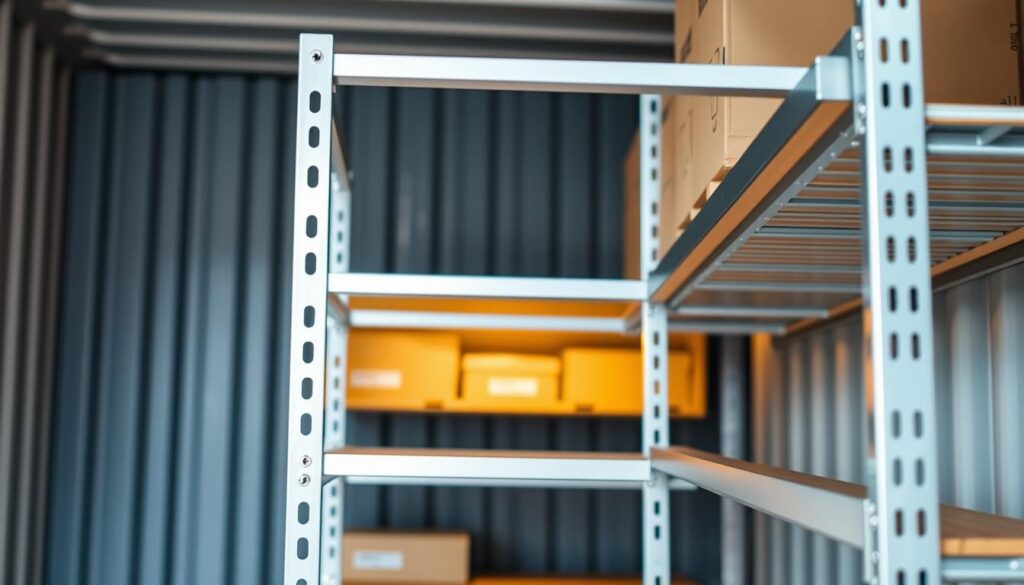 A sleek, modern aluminum shelving unit designed for efficient storage in shipping containers. The shelves feature a minimalist, industrial aesthetic with clean lines and a brushed metal finish that reflects the surrounding environment. The sturdy frame is constructed from lightweight yet durable aluminum alloy, ensuring the shelves can withstand the rigors of cargo transport. Subtle lighting emanates from behind the shelves, casting a warm glow and highlighting the shelves' contents. The shelving is positioned in the foreground, with a blurred shipping container visible in the background, emphasizing its purpose and function. The overall scene conveys a sense of practicality, durability, and thoughtful design - an ideal storage solution for the demanding world of shipping and logistics. A sleek, modern aluminum shelving unit designed for efficient storage in shipping containers. The shelves feature a minimalist, industrial aesthetic with clean lines and a brushed metal finish that reflects the surrounding environment. The sturdy frame is constructed from lightweight yet durable aluminum alloy, ensuring the shelves can withstand the rigors of cargo transport. Subtle lighting emanates from behind the shelves, casting a warm glow and highlighting the shelves' contents. The shelving is positioned in the foreground, with a blurred shipping container visible in the background, emphasizing its purpose and function. The overall scene conveys a sense of practicality, durability, and thoughtful design - an ideal storage solution for the demanding world of shipping and logistics.