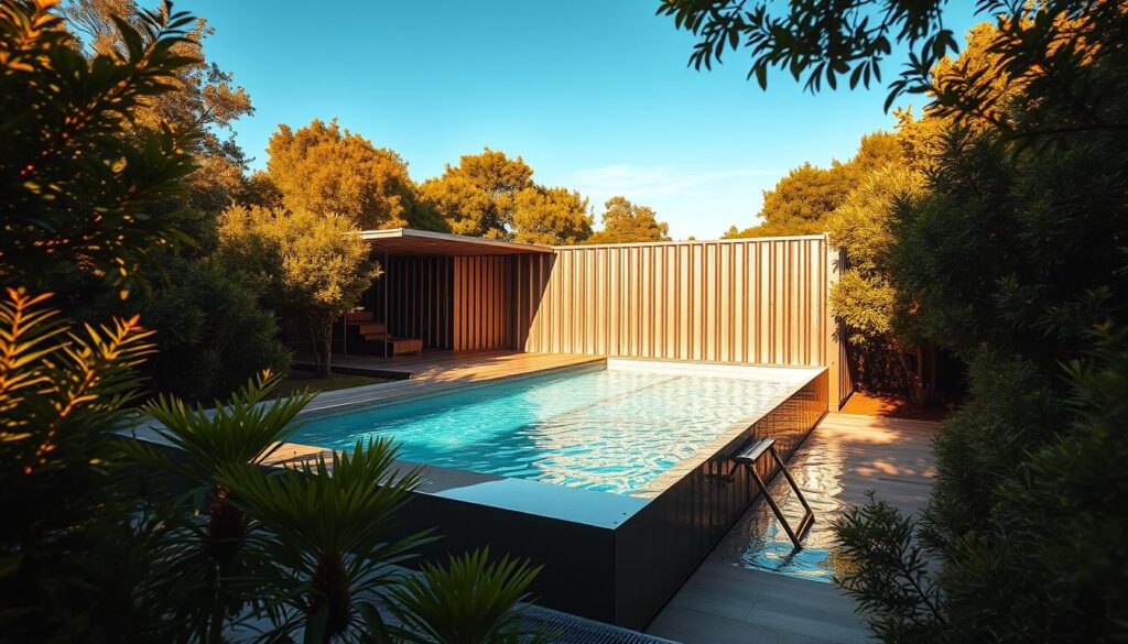 A sleek, modern shipping container has been transformed into a stunning pool, nestled amidst a lush, verdant landscape. The container's metallic exterior gleams in the warm, golden sunlight, its sharp lines contrasting beautifully with the soft, organic foliage surrounding it. The pool's crystal-clear water shimmers, inviting visitors to take a refreshing dip. The scene is captured from a slightly elevated angle, allowing the viewer to appreciate the seamless integration of the container and its natural setting. The overall mood is one of relaxation and sophistication, showcasing the endless possibilities of repurposing shipping containers to create unique and visually captivating outdoor spaces. A sleek, modern shipping container has been transformed into a stunning pool, nestled amidst a lush, verdant landscape. The container's metallic exterior gleams in the warm, golden sunlight, its sharp lines contrasting beautifully with the soft, organic foliage surrounding it. The pool's crystal-clear water shimmers, inviting visitors to take a refreshing dip. The scene is captured from a slightly elevated angle, allowing the viewer to appreciate the seamless integration of the container and its natural setting. The overall mood is one of relaxation and sophistication, showcasing the endless possibilities of repurposing shipping containers to create unique and visually captivating outdoor spaces.