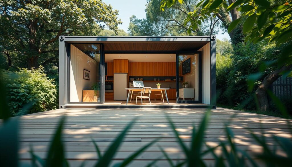 A sleek, modern shipping container house nestled in a lush, sun-dappled garden. The container's minimalist exterior is offset by large, floor-to-ceiling windows that flood the interior with natural light. A wide, wooden deck extends from the front, providing an inviting outdoor workspace. The scene is captured from a low angle, emphasizing the container's striking geometric form and the surrounding greenery. The overall mood is one of calm, creative inspiration - a light-filled, innovative space perfect for a designer's studio or artist's workshop.