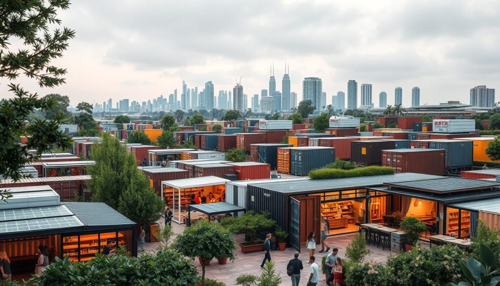 A sprawling sustainable retail complex made from repurposed shipping containers, nestled amidst lush greenery and modern architectural elements. In the foreground, an inviting open-air market with colorful vendor stalls and shoppers browsing eco-friendly wares. The middle ground features a mix of modular container structures housing boutiques, cafes, and community spaces, all powered by solar panels on the rooftops. In the background, a modern skyline with sleek high-rises in the distance, conveying a sense of urban renewal and forward-thinking design. Soft, diffused lighting illuminates the scene, creating a warm, welcoming atmosphere. The overall composition highlights the versatility, sustainability, and community-driven spirit of this innovative container-based retail space.