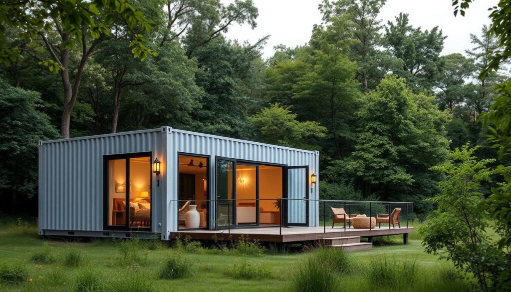 A stylish container guest house nestled in a lush, verdant landscape. The structure is composed of sleek, minimalist shipping containers stacked and arranged to create a modern, inviting silhouette. Large windows and glass walls flood the interior with natural light, while a spacious deck and outdoor seating area seamlessly blend the indoor and outdoor spaces. Soft, diffused lighting from sconces and overhead fixtures casts a warm, cozy glow as the sun sets. The surrounding foliage, with towering trees and vibrant greenery, creates a serene, secluded atmosphere, enhancing the property's tranquil ambiance. A stylish container guest house nestled in a lush, verdant landscape. The structure is composed of sleek, minimalist shipping containers stacked and arranged to create a modern, inviting silhouette. Large windows and glass walls flood the interior with natural light, while a spacious deck and outdoor seating area seamlessly blend the indoor and outdoor spaces. Soft, diffused lighting from sconces and overhead fixtures casts a warm, cozy glow as the sun sets. The surrounding foliage, with towering trees and vibrant greenery, creates a serene, secluded atmosphere, enhancing the property's tranquil ambiance.