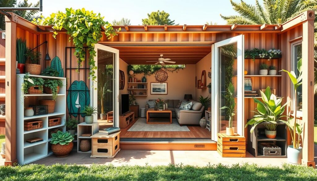 A sun-drenched shipping container home, its exterior adorned with lush greenery and vibrant murals. In the foreground, an array of innovative storage solutions - sleek built-in shelves, modular cubbies, and repurposed crates. Through large windows, the middle ground reveals a cozy living space with carefully curated decor, bathed in warm, natural light. In the background, a verdant garden oasis, lush with thriving plants, creates a serene, inviting atmosphere. The scene conveys a sense of harmonious living, where function and aesthetic seamlessly blend to enhance the property's value and livability. A sun-drenched shipping container home, its exterior adorned with lush greenery and vibrant murals. In the foreground, an array of innovative storage solutions - sleek built-in shelves, modular cubbies, and repurposed crates. Through large windows, the middle ground reveals a cozy living space with carefully curated decor, bathed in warm, natural light. In the background, a verdant garden oasis, lush with thriving plants, creates a serene, inviting atmosphere. The scene conveys a sense of harmonious living, where function and aesthetic seamlessly blend to enhance the property's value and livability.
