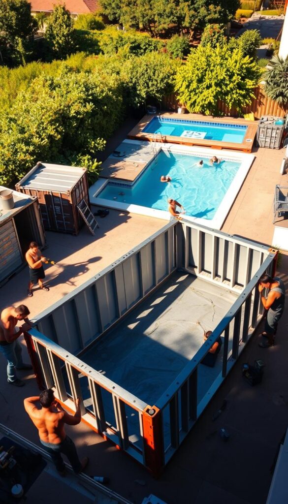 A sunny, well-lit outdoor scene featuring several shipping container pools in various stages of DIY construction. In the foreground, a group of people are working on assembling the frame of a container pool, using power tools and carefully aligning the metal components. In the middle ground, another container has been partially retrofitted, with the sides cut open and a pool liner visible inside. In the background, a completed container pool is surrounded by lush greenery, with people lounging and enjoying the water. The overall atmosphere is one of creativity, community, and a sense of accomplishing a satisfying DIY project. The lighting is natural and warm, casting long shadows and highlighting the textures of the metal and construction materials. The camera angle is slightly elevated, giving a broad, panoramic view of the scene. A sunny, well-lit outdoor scene featuring several shipping container pools in various stages of DIY construction. In the foreground, a group of people are working on assembling the frame of a container pool, using power tools and carefully aligning the metal components. In the middle ground, another container has been partially retrofitted, with the sides cut open and a pool liner visible inside. In the background, a completed container pool is surrounded by lush greenery, with people lounging and enjoying the water. The overall atmosphere is one of creativity, community, and a sense of accomplishing a satisfying DIY project. The lighting is natural and warm, casting long shadows and highlighting the textures of the metal and construction materials. The camera angle is slightly elevated, giving a broad, panoramic view of the scene.