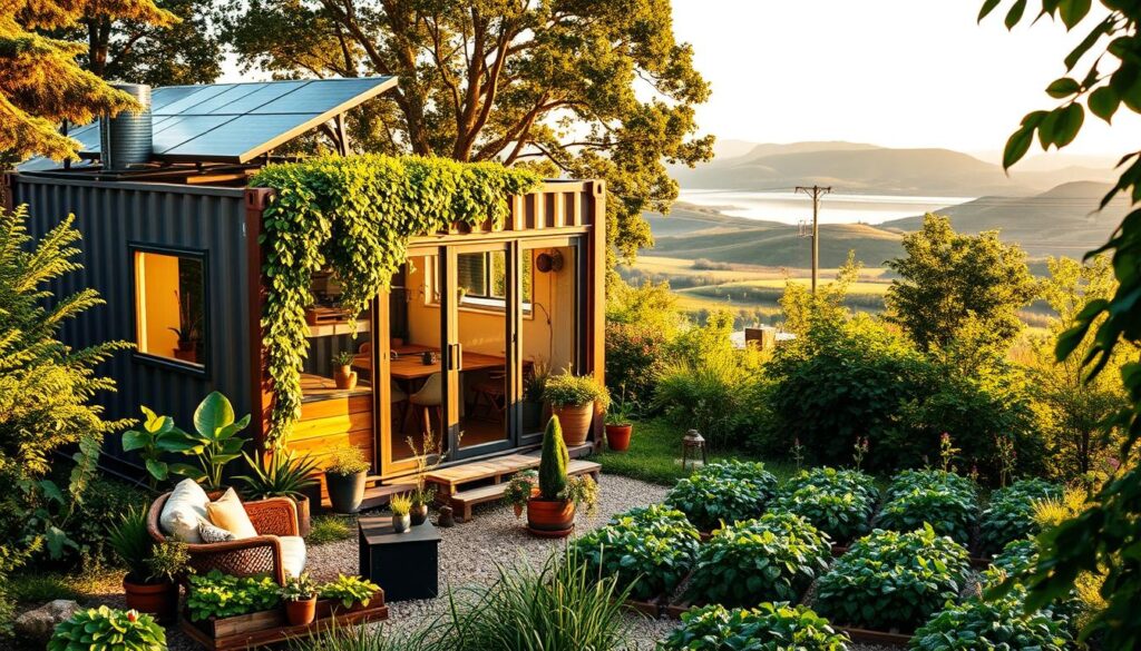 A tranquil off-grid oasis nestled among lush greenery, featuring a modern shipping container home bathed in warm natural light. The exterior showcases a thoughtful blend of industrial and sustainable design, with solar panels lining the roof and a vertical garden cascading down the walls. In the foreground, a cozy seating area invites relaxation, surrounded by potted plants and repurposed furniture. The middle ground reveals a thriving vegetable garden, while the background showcases rolling hills and a serene body of water, creating a harmonious fusion of nature and eco-friendly living. A tranquil off-grid oasis nestled among lush greenery, featuring a modern shipping container home bathed in warm natural light. The exterior showcases a thoughtful blend of industrial and sustainable design, with solar panels lining the roof and a vertical garden cascading down the walls. In the foreground, a cozy seating area invites relaxation, surrounded by potted plants and repurposed furniture. The middle ground reveals a thriving vegetable garden, while the background showcases rolling hills and a serene body of water, creating a harmonious fusion of nature and eco-friendly living.