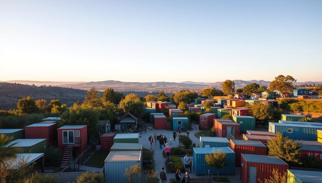 A vibrant container home community nestled amidst lush greenery, with a warm, inviting atmosphere. In the foreground, a cluster of uniquely designed container homes, each with its own personality, connected by a network of walkways and shared gardens. The middle ground showcases a communal gathering space, where residents mingle and engage in social activities, surrounded by the containers' vibrant colors and textures. In the background, a scenic landscape unfolds, with rolling hills and a clear blue sky, creating a tranquil and serene setting. The lighting is soft and natural, casting a golden glow over the entire scene, evoking a sense of comfort and community. The image captures the essence of tiny living, where residents have embraced a minimalist and sustainable lifestyle, while fostering a strong sense of togetherness. A vibrant container home community nestled amidst lush greenery, with a warm, inviting atmosphere. In the foreground, a cluster of uniquely designed container homes, each with its own personality, connected by a network of walkways and shared gardens. The middle ground showcases a communal gathering space, where residents mingle and engage in social activities, surrounded by the containers' vibrant colors and textures. In the background, a scenic landscape unfolds, with rolling hills and a clear blue sky, creating a tranquil and serene setting. The lighting is soft and natural, casting a golden glow over the entire scene, evoking a sense of comfort and community. The image captures the essence of tiny living, where residents have embraced a minimalist and sustainable lifestyle, while fostering a strong sense of togetherness.