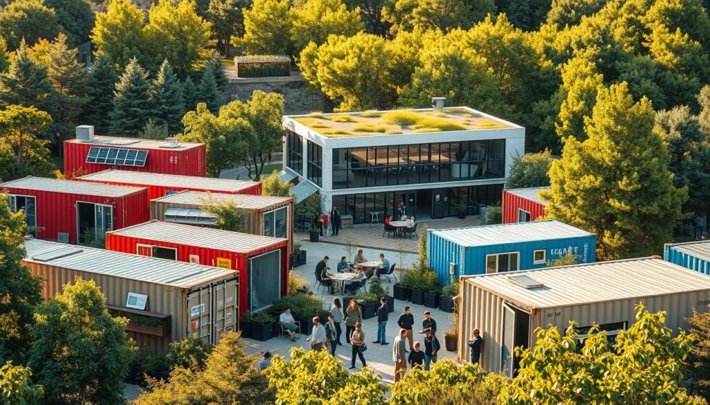 A vibrant, eco-friendly container startup campus nestled in a lush, verdant landscape. In the foreground, a cluster of repurposed shipping containers, their exteriors adorned with solar panels, urban gardens, and sustainable design elements. Warm, natural lighting bathes the scene, creating a welcoming, forward-thinking atmosphere. The middle ground features a bustling shared workspace, with entrepreneurs collaborating at communal tables and brainstorming in cozy lounge areas. In the background, a modern, energy-efficient office building stands as the centerpiece, its sleek lines and green roof blending seamlessly with the surrounding environment. A sense of innovation, sustainability, and community permeates the entire scene, reflecting the dynamic nature of these container-based startups. A vibrant, eco-friendly container startup campus nestled in a lush, verdant landscape. In the foreground, a cluster of repurposed shipping containers, their exteriors adorned with solar panels, urban gardens, and sustainable design elements. Warm, natural lighting bathes the scene, creating a welcoming, forward-thinking atmosphere. The middle ground features a bustling shared workspace, with entrepreneurs collaborating at communal tables and brainstorming in cozy lounge areas. In the background, a modern, energy-efficient office building stands as the centerpiece, its sleek lines and green roof blending seamlessly with the surrounding environment. A sense of innovation, sustainability, and community permeates the entire scene, reflecting the dynamic nature of these container-based startups.