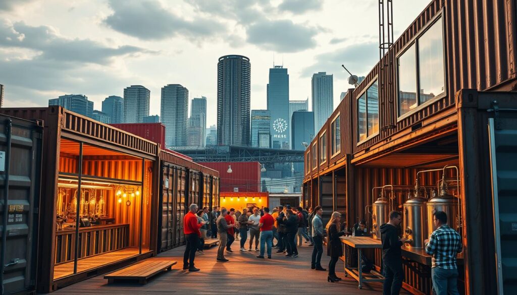 A vibrant, industrially-inspired scene of container-based microbreweries. In the foreground, a row of repurposed shipping containers, their rusted steel frames and corrugated walls housing gleaming brewing equipment. Sunlight streams through tall windows, casting warm, amber-hued lighting. In the middle ground, small groups of people gather, sampling craft beers and chatting animatedly. The background features a cityscape of modern high-rises, hinting at the urban setting. An atmosphere of innovation, entrepreneurship, and community pervades the scene, capturing the spirit of these pioneering container breweries. A vibrant, industrially-inspired scene of container-based microbreweries. In the foreground, a row of repurposed shipping containers, their rusted steel frames and corrugated walls housing gleaming brewing equipment. Sunlight streams through tall windows, casting warm, amber-hued lighting. In the middle ground, small groups of people gather, sampling craft beers and chatting animatedly. The background features a cityscape of modern high-rises, hinting at the urban setting. An atmosphere of innovation, entrepreneurship, and community pervades the scene, capturing the spirit of these pioneering container breweries.
