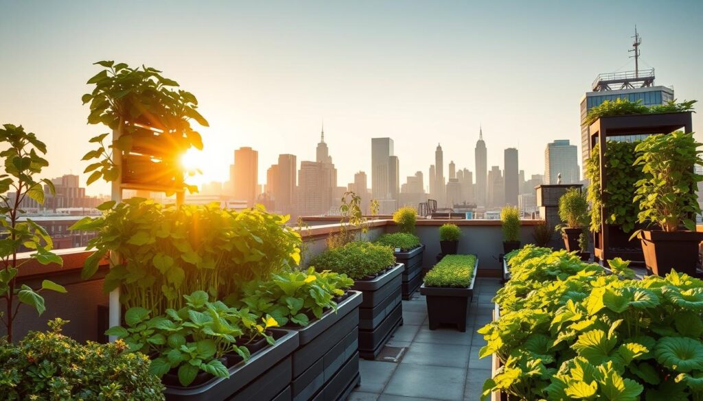 A vibrant urban rooftop garden, with lush hydroponic towers and raised planter beds brimming with thriving leafy greens and vegetables. The sun casts a warm, golden glow across the scene, highlighting the verdant foliage and creating a sense of natural abundance. In the foreground, a carefully curated array of container-based crops, each one a testament to the potential of small-scale urban farming. The middle ground features a mix of modern, modular growing systems, their sleek design complementing the industrial-chic backdrop of the city skyline. In the distance, towering skyscrapers and a clear, azure sky create a harmonious blend of nature and urban elements. The overall atmosphere is one of tranquility, productivity, and a deep connection to the land, even in the heart of the bustling metropolis. A vibrant urban rooftop garden, with lush hydroponic towers and raised planter beds brimming with thriving leafy greens and vegetables. The sun casts a warm, golden glow across the scene, highlighting the verdant foliage and creating a sense of natural abundance. In the foreground, a carefully curated array of container-based crops, each one a testament to the potential of small-scale urban farming. The middle ground features a mix of modern, modular growing systems, their sleek design complementing the industrial-chic backdrop of the city skyline. In the distance, towering skyscrapers and a clear, azure sky create a harmonious blend of nature and urban elements. The overall atmosphere is one of tranquility, productivity, and a deep connection to the land, even in the heart of the bustling metropolis.