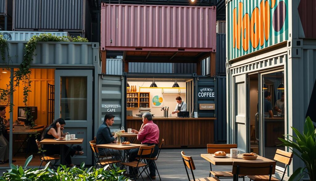 A vibrant, well-lit scene of a bustling shipping container café. In the foreground, a group of patrons sits at a cozy outdoor seating area, sipping on freshly brewed coffee and enjoying pastries. The containers are sleekly repurposed, their steel frames complemented by warm wood accents and trailing vines. The middle ground features a compact but efficient counter, where a barista in a crisp uniform expertly crafts drinks. In the background, additional shipping containers are stacked to create a multi-level layout, their corrugated walls painted with vibrant murals. Soft, directional lighting casts a welcoming glow, while an open, airy layout invites passersby to step inside and experience the compact, yet charming, container café atmosphere. A vibrant, well-lit scene of a bustling shipping container café. In the foreground, a group of patrons sits at a cozy outdoor seating area, sipping on freshly brewed coffee and enjoying pastries. The containers are sleekly repurposed, their steel frames complemented by warm wood accents and trailing vines. The middle ground features a compact but efficient counter, where a barista in a crisp uniform expertly crafts drinks. In the background, additional shipping containers are stacked to create a multi-level layout, their corrugated walls painted with vibrant murals. Soft, directional lighting casts a welcoming glow, while an open, airy layout invites passersby to step inside and experience the compact, yet charming, container café atmosphere.