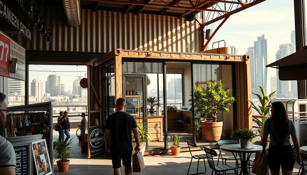A weathered, repurposed shipping container stands as the centerpiece of a vibrant commercial space. Sunlight streams through large windows, illuminating the interior's sleek, industrial aesthetic. Potted plants and modern furnishings add a touch of warmth, while exposed beams and concrete floors maintain the container's rugged charm. In the foreground, passersby browse artisanal goods and sip coffee at an inviting outdoor cafe. The background features a bustling urban skyline, hinting at the container's integration within the local community. This image captures the potential of transforming humble shipping containers into thriving, cost-effective commercial hubs. A weathered, repurposed shipping container stands as the centerpiece of a vibrant commercial space. Sunlight streams through large windows, illuminating the interior's sleek, industrial aesthetic. Potted plants and modern furnishings add a touch of warmth, while exposed beams and concrete floors maintain the container's rugged charm. In the foreground, passersby browse artisanal goods and sip coffee at an inviting outdoor cafe. The background features a bustling urban skyline, hinting at the container's integration within the local community. This image captures the potential of transforming humble shipping containers into thriving, cost-effective commercial hubs.