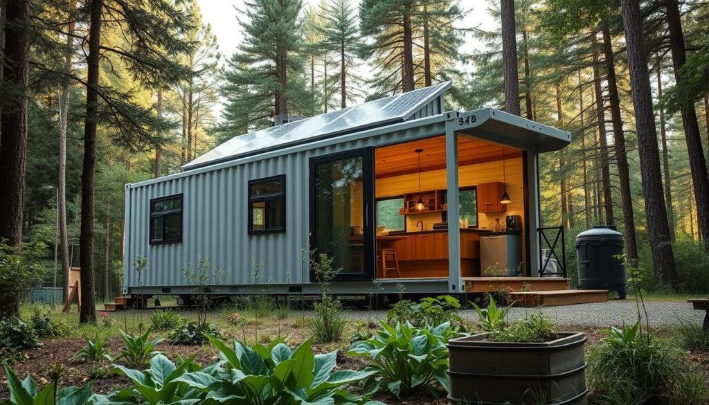 A well-designed, self-sufficient shipping container home nestled in a lush, forested off-grid setting. The container's exterior features a modern, minimalist aesthetic with clean lines, large windows, and a blend of natural materials like wood and metal. Inside, the space is airy and bright, with an open-concept layout, high ceilings, and ample natural light pouring in. The home is powered by solar panels, with a small wind turbine providing supplementary energy. A vegetable garden and composting system are visible in the foreground, showcasing the home's sustainable, self-reliant features. The scene is captured with a wide-angle lens, creating a sense of depth and scale, and the lighting is soft and diffused, lending a warm, tranquil atmosphere. A well-designed, self-sufficient shipping container home nestled in a lush, forested off-grid setting. The container's exterior features a modern, minimalist aesthetic with clean lines, large windows, and a blend of natural materials like wood and metal. Inside, the space is airy and bright, with an open-concept layout, high ceilings, and ample natural light pouring in. The home is powered by solar panels, with a small wind turbine providing supplementary energy. A vegetable garden and composting system are visible in the foreground, showcasing the home's sustainable, self-reliant features. The scene is captured with a wide-angle lens, creating a sense of depth and scale, and the lighting is soft and diffused, lending a warm, tranquil atmosphere.