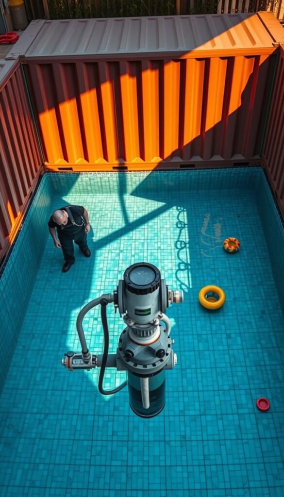 A well-lit, high-angle view of a shipping container pool undergoing maintenance. In the foreground, a person in overalls is inspecting the pool's filtration system. The middle ground shows the pool's tiled interior, with clear water and a few pool toys floating. In the background, a row of shipping containers forms the pool's walls, casting long shadows across the scene. The lighting is warm and soft, creating a sense of tranquility. The overall atmosphere conveys the practical considerations and attention to detail required for maintaining a shipping container pool. A well-lit, high-angle view of a shipping container pool undergoing maintenance. In the foreground, a person in overalls is inspecting the pool's filtration system. The middle ground shows the pool's tiled interior, with clear water and a few pool toys floating. In the background, a row of shipping containers forms the pool's walls, casting long shadows across the scene. The lighting is warm and soft, creating a sense of tranquility. The overall atmosphere conveys the practical considerations and attention to detail required for maintaining a shipping container pool.