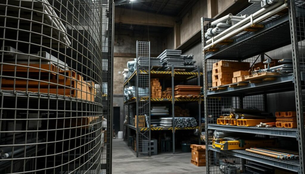 A well-lit industrial scene showcasing sturdy metal shelving constructed from wire mesh and metal grating. The shelves are stacked with various construction materials, including metal pipes, heavy-duty hardware, and industrial tools. The foreground features the detailed textures and intricate patterns of the wire mesh and metal grating, while the middle ground displays the organized arrangement of the shelved items. The background depicts a dimly lit warehouse interior with concrete walls and floors, creating a sense of functionality and practicality. The overall atmosphere conveys a sense of durability, utility, and a focus on the robust nature of the shelving materials. A well-lit industrial scene showcasing sturdy metal shelving constructed from wire mesh and metal grating. The shelves are stacked with various construction materials, including metal pipes, heavy-duty hardware, and industrial tools. The foreground features the detailed textures and intricate patterns of the wire mesh and metal grating, while the middle ground displays the organized arrangement of the shelved items. The background depicts a dimly lit warehouse interior with concrete walls and floors, creating a sense of functionality and practicality. The overall atmosphere conveys a sense of durability, utility, and a focus on the robust nature of the shelving materials.