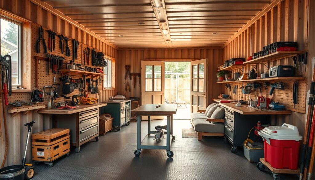 A well-lit, spacious DIY workshop in a backyard shipping container. The container's repurposed interior is filled with a variety of workbenches, tool storage, and specialized equipment. Warm natural lighting filters in through large windows, creating a cozy and productive atmosphere. The floor is covered in durable rubber mats, and the walls are lined with pegboards displaying an assortment of hand tools. In the center, a sturdy worktable serves as the main workspace, surrounded by rolling carts and shelves brimming with materials and supplies. The far end of the container features a lounge area with comfortable seating, perfect for planning projects or taking breaks. An open doorway leads to an outdoor patio, seamlessly blending the indoor workshop with the surrounding backyard landscape. A well-lit, spacious DIY workshop in a backyard shipping container. The container's repurposed interior is filled with a variety of workbenches, tool storage, and specialized equipment. Warm natural lighting filters in through large windows, creating a cozy and productive atmosphere. The floor is covered in durable rubber mats, and the walls are lined with pegboards displaying an assortment of hand tools. In the center, a sturdy worktable serves as the main workspace, surrounded by rolling carts and shelves brimming with materials and supplies. The far end of the container features a lounge area with comfortable seating, perfect for planning projects or taking breaks. An open doorway leads to an outdoor patio, seamlessly blending the indoor workshop with the surrounding backyard landscape.