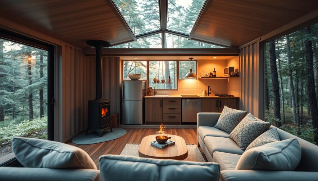 An Airbnb container rental setup nestled in a tranquil, lush forest. The container is a sleek, modern design with large windows that flood the interior with warm, natural light. In the foreground, a cozy seating area with plush furniture and a wood-burning stove invites guests to relax. The middle ground features a well-appointed kitchenette, complete with a compact refrigerator, stovetop, and minimalist decor. In the background, a muted color palette of earthy tones and textures creates a serene, nature-inspired ambiance. The scene is captured through a wide-angle lens, emphasizing the spacious, open-concept layout and the seamless integration of the container with its picturesque surroundings. An Airbnb container rental setup nestled in a tranquil, lush forest. The container is a sleek, modern design with large windows that flood the interior with warm, natural light. In the foreground, a cozy seating area with plush furniture and a wood-burning stove invites guests to relax. The middle ground features a well-appointed kitchenette, complete with a compact refrigerator, stovetop, and minimalist decor. In the background, a muted color palette of earthy tones and textures creates a serene, nature-inspired ambiance. The scene is captured through a wide-angle lens, emphasizing the spacious, open-concept layout and the seamless integration of the container with its picturesque surroundings.