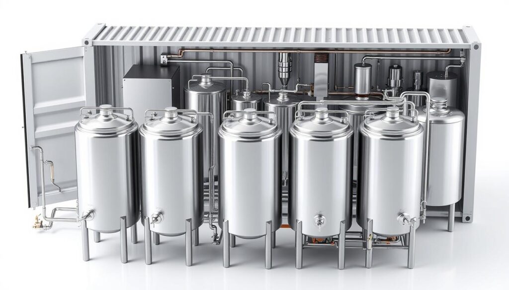 Detailed, technical diagram of a modern container brewery equipment setup. Crisp, high-resolution rendering, clean white background. In the foreground, a row of stainless steel fermentation tanks and conditioning vessels, their cylindrical forms gleaming under bright overhead lighting. In the middle ground, a mash tun, brew kettle, and other key components like pumps, valves, and piping. The background features a refrigeration unit, heat exchanger, and other ancillary equipment necessary for a self-contained, turnkey craft beer production system. Emphasis on the modular, compact, and efficient design of the container-based setup, suitable for small-scale urban or remote locations. Detailed, technical diagram of a modern container brewery equipment setup. Crisp, high-resolution rendering, clean white background. In the foreground, a row of stainless steel fermentation tanks and conditioning vessels, their cylindrical forms gleaming under bright overhead lighting. In the middle ground, a mash tun, brew kettle, and other key components like pumps, valves, and piping. The background features a refrigeration unit, heat exchanger, and other ancillary equipment necessary for a self-contained, turnkey craft beer production system. Emphasis on the modular, compact, and efficient design of the container-based setup, suitable for small-scale urban or remote locations.